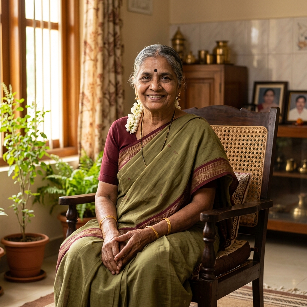Elderly Indian Woman Saree Care